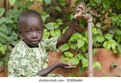 Water Scarcity Symbol in Africa - Finger Under Tap. African Children in developing countries suffer most from this problem, that causes malnutrition and health problems.