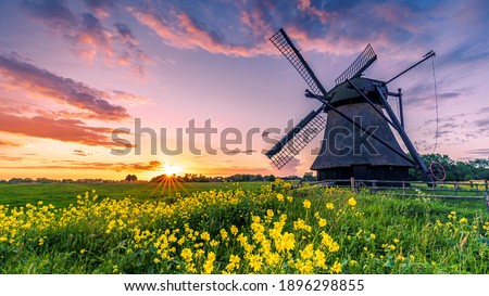 Water scoop mill in east friesland north germany, Traditional windmill in the sunset on a field