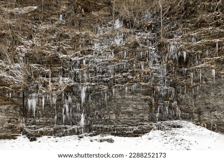 Water seeping out of a rock wall forms natural icicles along the gorge trail at Buttermilk Falls State Park, Ithaca, New York, USA
