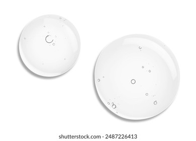 Water serum texture. Liquid gel drops. Clear white cosmetic oil with bubbles circle set isolated on white background