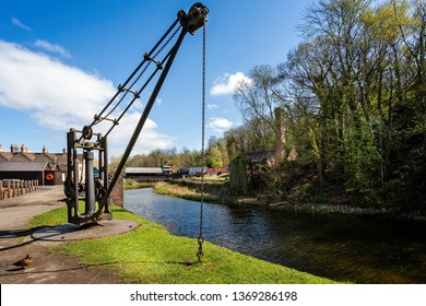 Water side ship hoist in Blists Hill Victorian Town in Ironbridge, Shropshire, UK on 10 April 2019