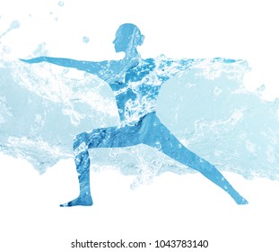 Water Silhouette Of Woman In Yoga Position.