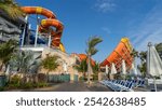 Water slides at Aquaventure Water Park. The largest water theme park in Middle East, Dubai, United Arab Emirates.