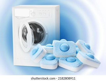 Water Softener Tablets And Modern Washing Machine On Color Background