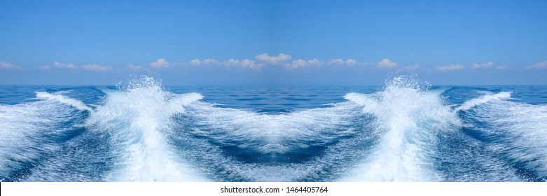 Water Splash Behind The Ship Or Wake Of Speed Boat In The Ocean With Beautiful Blue Sky And White Clouds Use For Holiday And Transportation Background