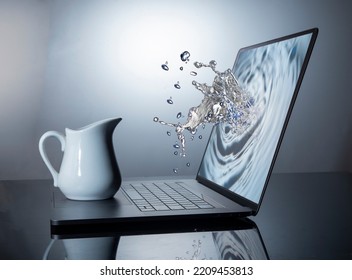 Water Splash Coming Out Of Laptop Screen And Damage And Risk Concept.