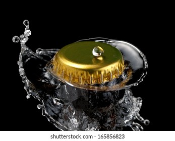 Water Splash On Golden Beer Cap