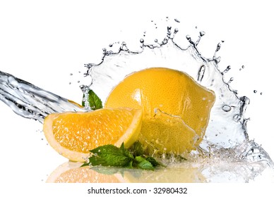 Water Splash On Lemon With Mint Isolated On White