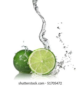 Water Splash On Lime Isolated On White