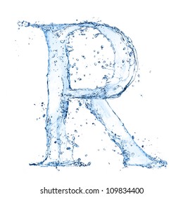 Water splashes letter "R" isolated on white background