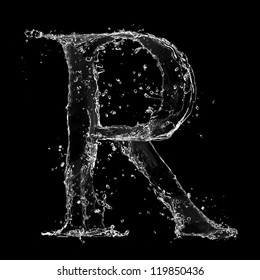 Water splashes letter "R" isolated on black background