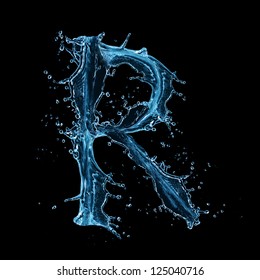 Water splashes letter "R" isolated on black background