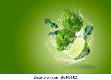 Water splashing on Bergamot fruit with leaf isolated on green background.