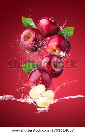 Water splashing on Fresh Red Apple fruit isolated on a red background