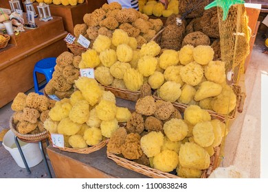 Water Sponge Exposed In Street Shop In Old Town Of City Of Rhodes (Rhodes, Greece)