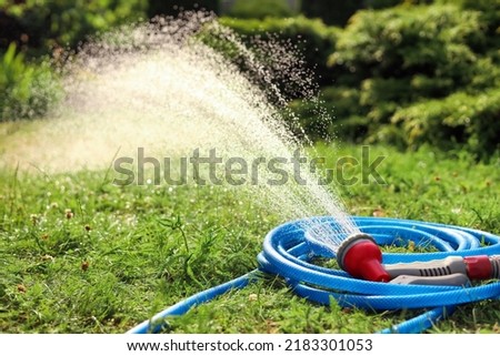 Water spraying from hose on green grass outdoors