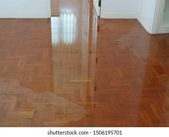 Water Spreading / Flooding On The Parquet Floor Of A House - Damage Caused By Water Leakage