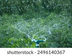 Water sprinkler on green background in garden. Water drops flying from water sprinkler on garden bed. Garden hose.