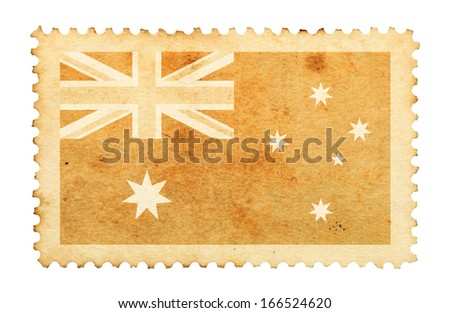 Water stain mark of Australia flag on an old retro brown paper postage stamp. 