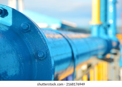 Water steel pipe close up image. Select focus of drink water piping. Flange Pipe Fitting with copy space.