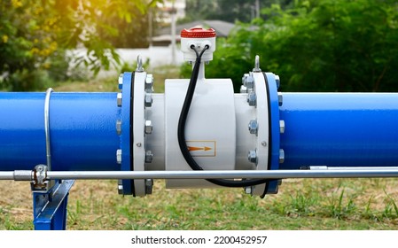 Water Steel Pipe And Water Meter Close Up Image. Select Focus Of Drink Water Piping. Flange Pipe Fitting