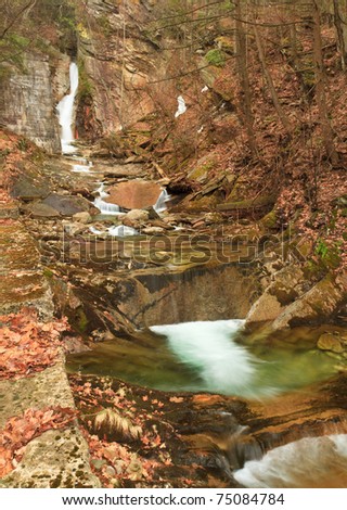 Water steps down from pool to pool below Nevele Falls in the Shawangunk Mountains in Ellenville, NY