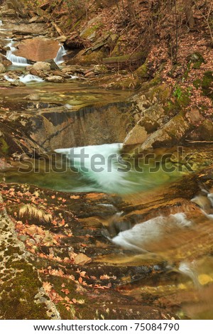 Water steps down from pool to pool below Nevele Falls in the Shawangunk Mountains in Ellenville, NY