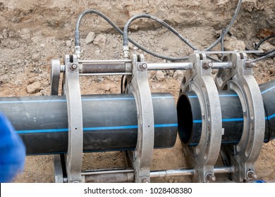 Water Supply Project At Working For Welding The Connecting Of HDPE Pipe 