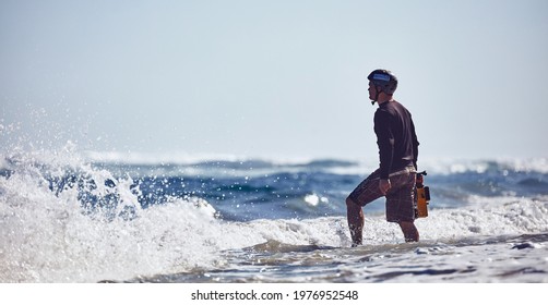 Water Surf Photographer Get Footage On A Day With Large Waves. Water Sport Activity. Atlantic Ocean, Dominican Republic. 30.12.2016.