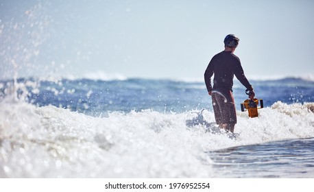 Water Surf Photographer Get Footage On A Day With Large Waves. Water Sport Activity. Atlantic Ocean, Dominican Republic. 30.12.2016.