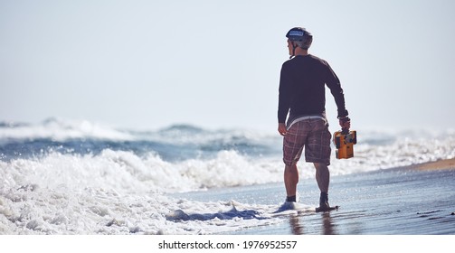 Water Surf Photographer Get Footage On A Day With Large Waves. Water Sport Activity. Atlantic Ocean, Dominican Republic. 30.12.2016.