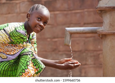 Water Symbol Of African Black Girl Kid Child Washing And Drinking