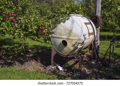 Water Tank On Farm Apple Orchard Old Dirty