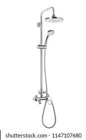 Water Tap, Chrome-plated Metal Faucet For The Bathroom, Mixer Cold Hot Water. Modern Shower Wall System And Shower Head Holder. Plumbing. Isolated On A White Background