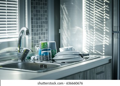 water tap, dish wash dishes, plate, sunny morning