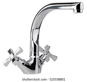 The water tap, faucet for the bathroom and kitchen mixer, isolated on a white background. Chrome-plated metal.