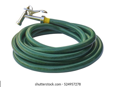 Water taps and green garden hose with a sprayer isolated on a white background.