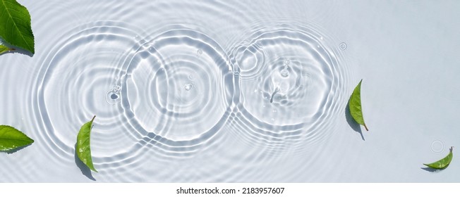 Water texture, clear water surface with rings and ripples and green leaves - Shutterstock ID 2183957607