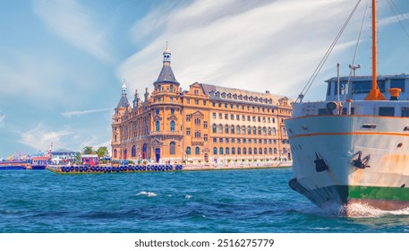 Water trail foaming behind a passenger ferry boat in Bosphorus -Haydarpasa (Haydarpaşa) Train Station in Istanbul City, Turkey    - Powered by Shutterstock