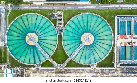 Water treatment solution, Industrial water treatment‎, Aerial top view recirculation solid contact clarifier sedimentation tank, Ecosystem and healthy environment concepts and background.