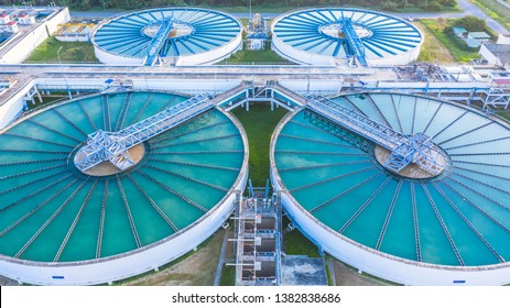 Water treatment solution, Industrial water treatment‎, Aerial top view recirculation solid contact clarifier sedimentation tank, Ecosystem and healthy environment concepts and background.
