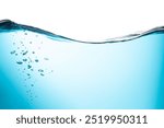 Water Wave, Air Bubbles Float Up Under Water. Water Splashing. Oxygen Relaxation. Blue Water Textured on White Background.