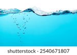 Water Wave. Air Bubbles Float Up Under Water. Water Splashing. Oxygen Relaxation. Blue Water Textured on White Background.