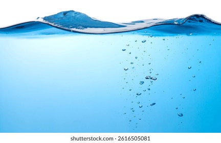 Water Wave. Air Bubbles Float Up in Water. Pure Drinking Water, Splashing. Blue Water Textured on White Background.	
