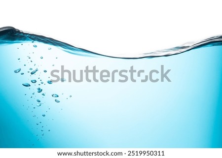 Water Wave, Air Bubbles Float Up Under Water. Water Splashing. Oxygen Relaxation. Blue Water Textured on White Background.