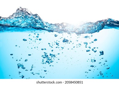 Water Wave. Puring Water Splashed with Bubbles on White Background	