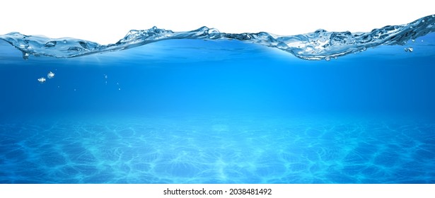 water wave underwater blue ocean swimming pool wide panorama background sandy sea bottom isolated on white background