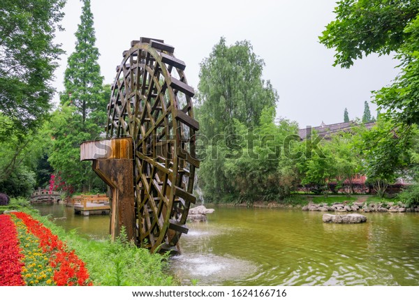 Water wheels in Jiading Square, Leshan Giant\
Buddha, Sichuan Province,\
China
