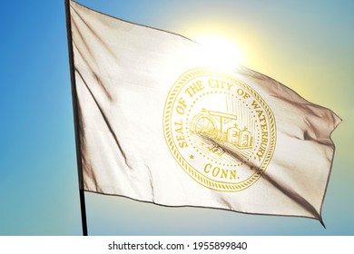 Waterbury Of Connecticut Of United States Flag Waving On The Wind In Front Of Sun