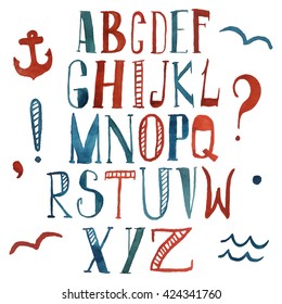 Watercolor alphabet in marine style. Abstract alphabet with colorful letters. Hand drawn font and alphabet. - Shutterstock ID 424341760